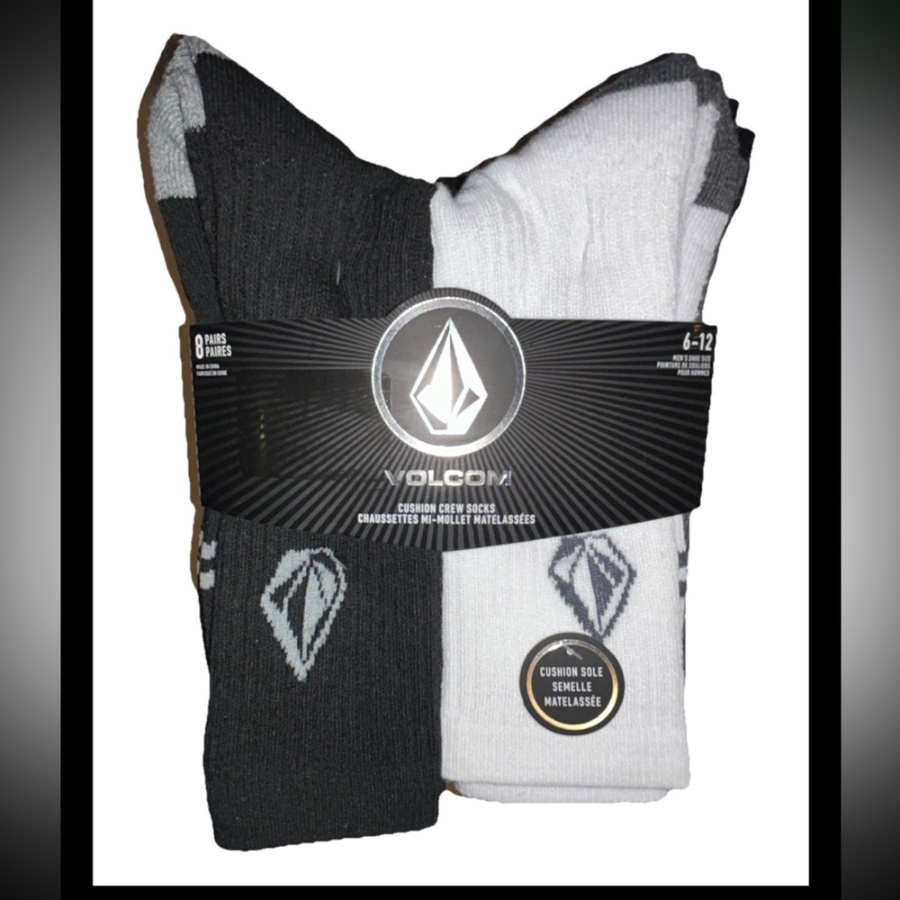 Volcom Crew Socks 8 Pair Men 6-12 Black White Gray w Mixed Logo Ride Board NEW!